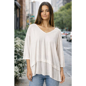 Eileen Fisher Silk Tunic Top Large Ivory Layered V-Neck Oversized Minimalist